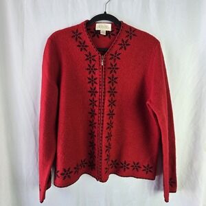VTG Casual Corner Annex XL Nordic Snowflake Red 100% Wool Zip Cardigan Novelty